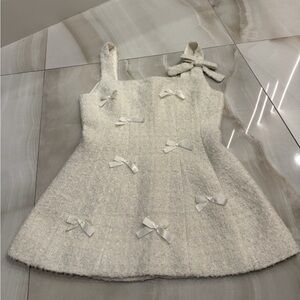 Girls Cream Bow-Embellished Tweed Top